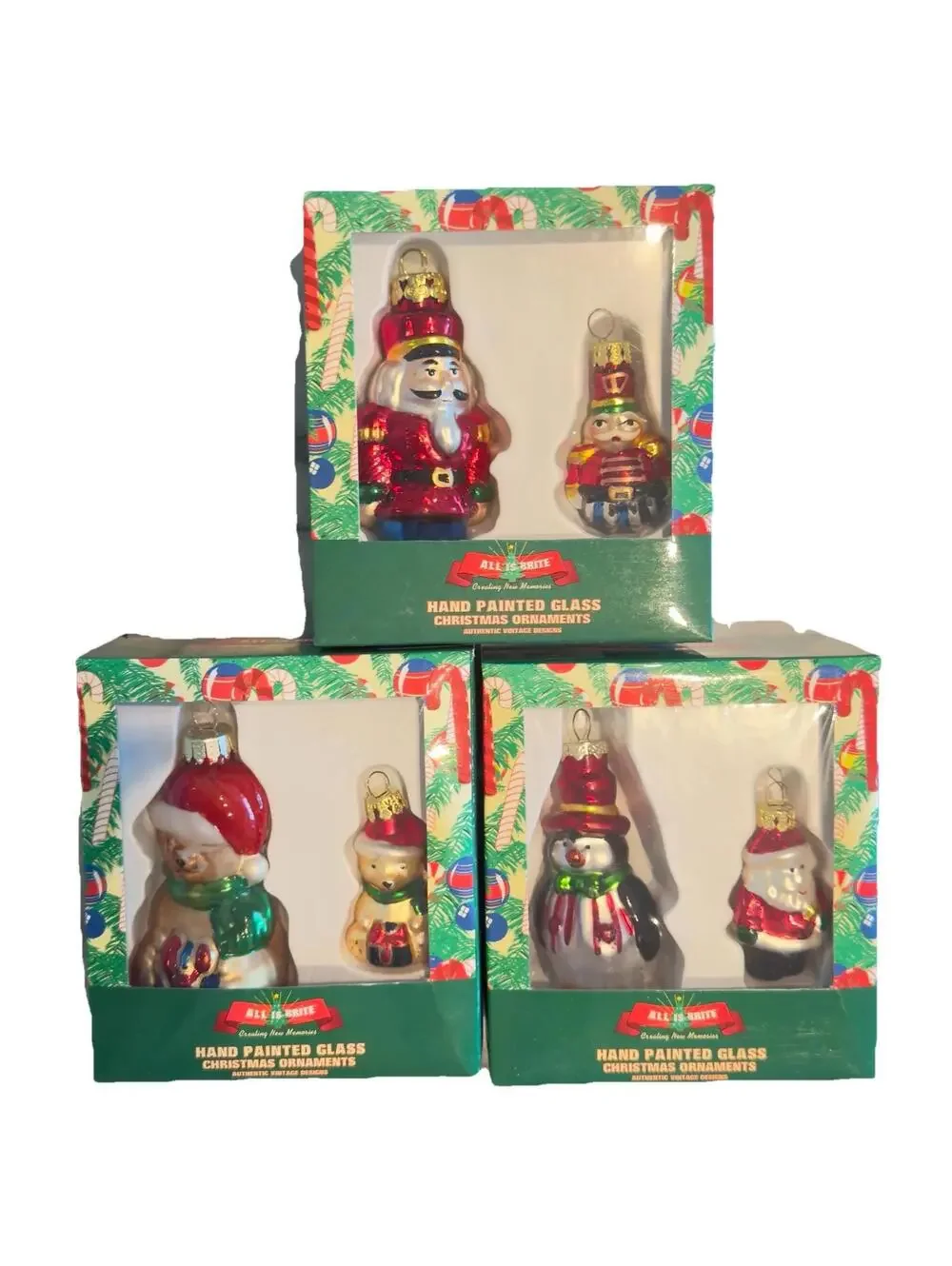 6 Vintage Handpainted‎ Mini Glass Ornaments ALL IS BRITE Penguin Nutcracker Bear